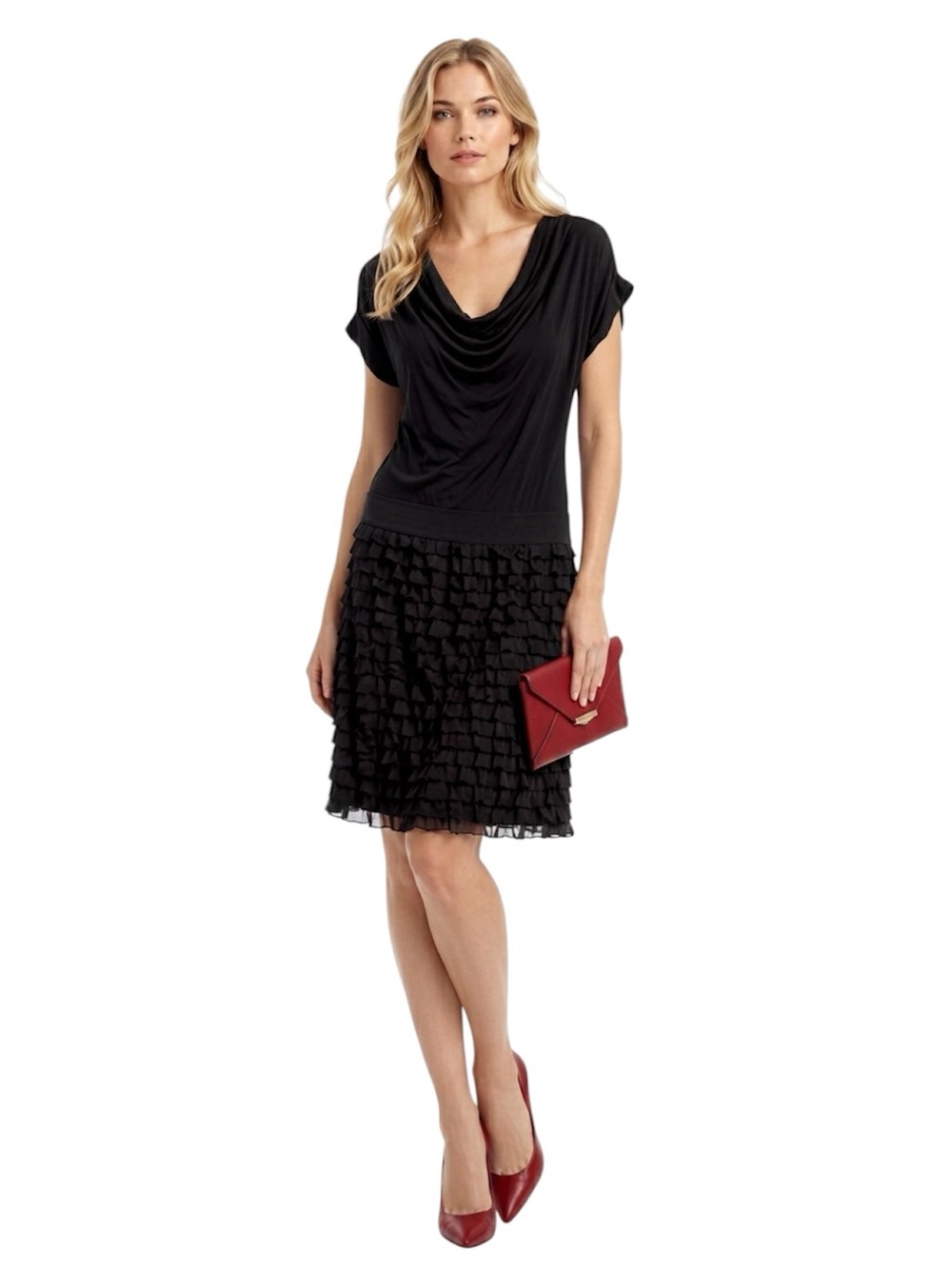 INC Woman Dress Midi Black Cowl Neck Tiered Ruffle Size Small short Sleeves